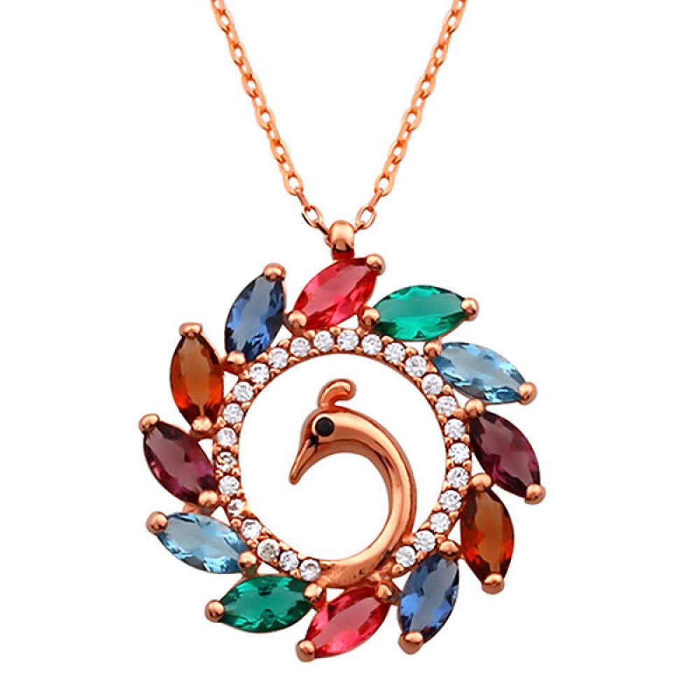 Renkli Taşlı Tavus Kuşu Gümüş Kolye