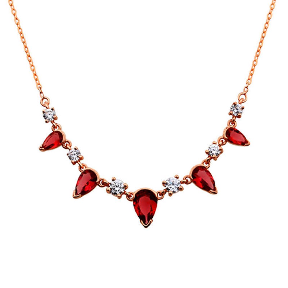 Yakut Taşlı Beşli Damla Gümüş Kolye