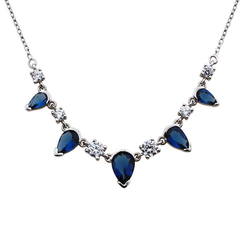 Safir Taşlı Beşli Damla Gümüş Kolye