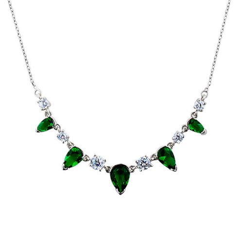 Zümrüt Taşlı Beşli Damla Gümüş Kolye