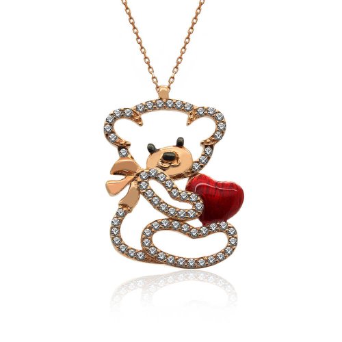 Beyaz Taşlı Kalpli Ayıcık Gümüş Kolye