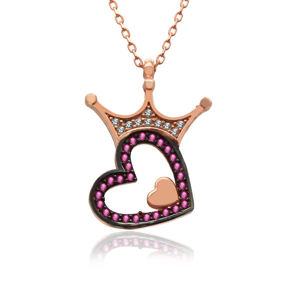 Fuşya Kalpli Kraliçe Tacı Gümüş Kolye