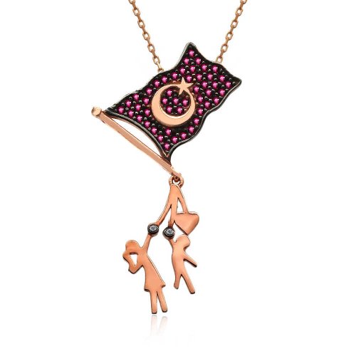 Bayrak Tutan Çocuklar Gümüş Kolye