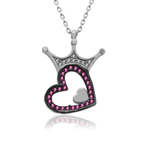 Fuşya Kalpli Beyaz Kraliçe Tacı Gümüş Kolye