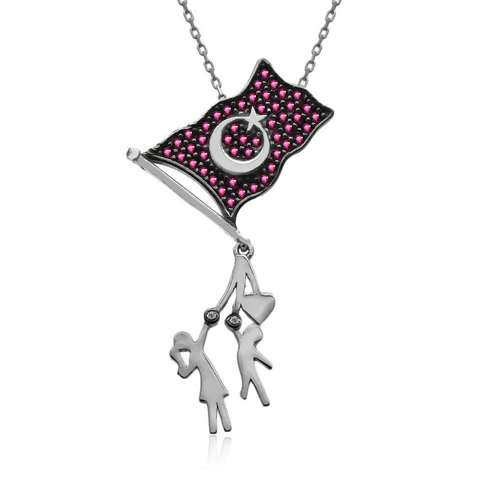 Bayrak Tutan Çocuklar Beyaz Gümüş Kolye