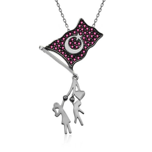 Bayrak Tutan Çocuklar Beyaz Gümüş Kolye