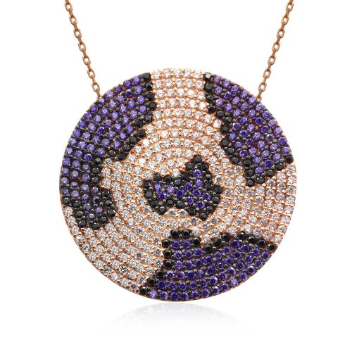 Mor Leopar Desenli Yuvarlak Gümüş Kolye