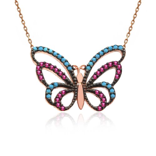 Karışık Renkli Kelebek Gümüş Kolye