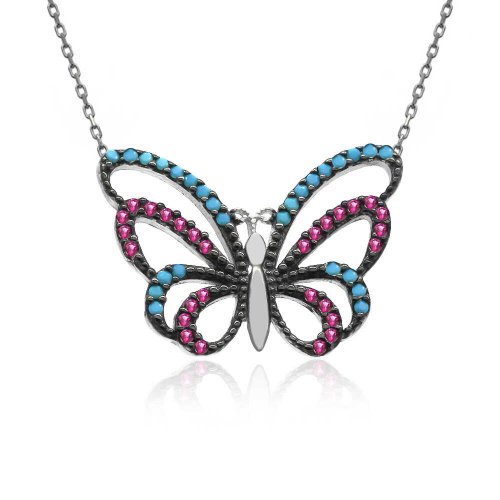Karışık Renkli Kelebek Beyaz Gümüş Kolye