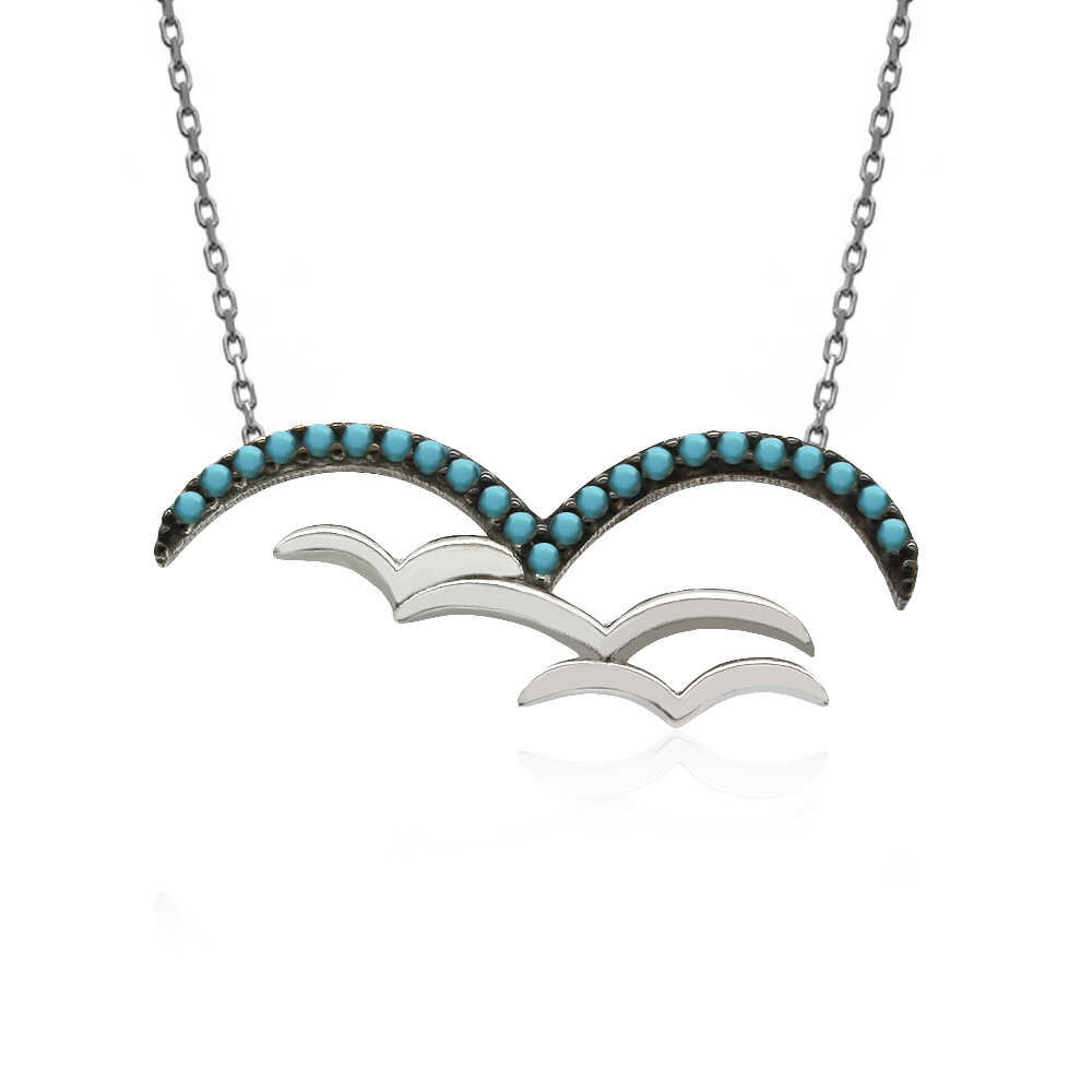 Firuze Taşlı Martılar Gümüş Kolye