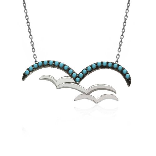 Firuze Taşlı Martılar Gümüş Kolye