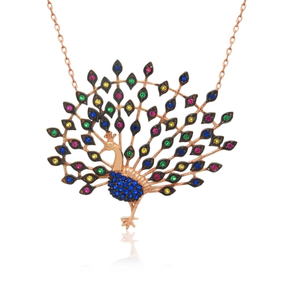 Karışık Renkli Tavus Kuşu Gümüş Kolye