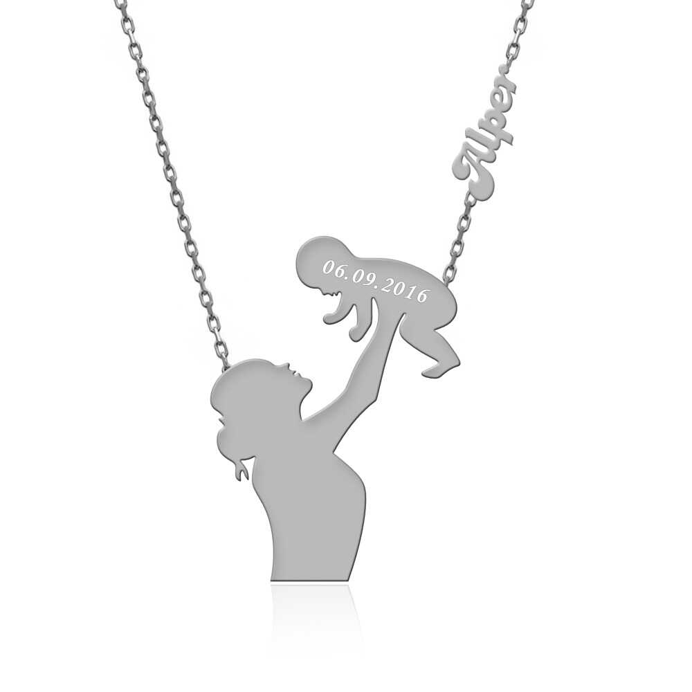 İsimli Tarihli Anne Çocuk Beyaz Gümüş Kolye