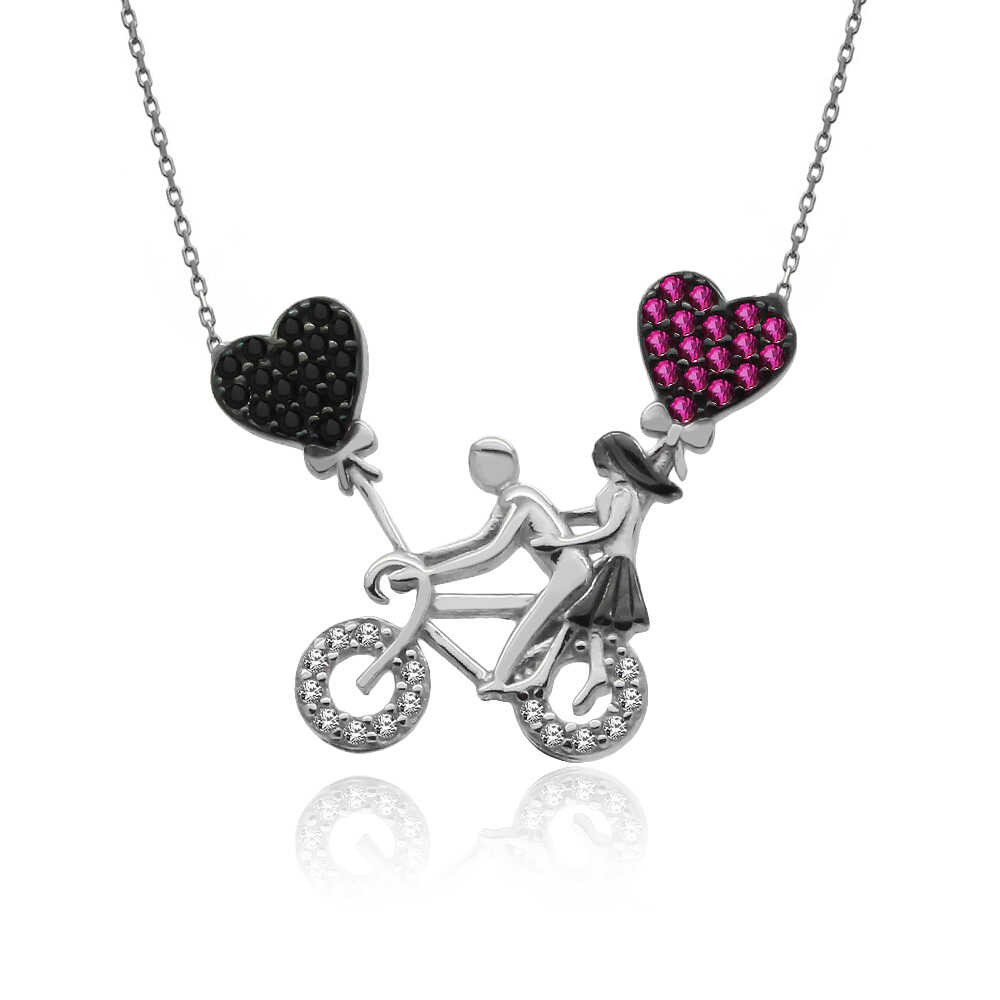 Beyaz Bisikletli Aşıklar Gümüş Kolye