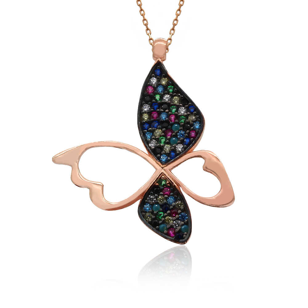 Karışık Renkli Kelebek Gümüş Kolye