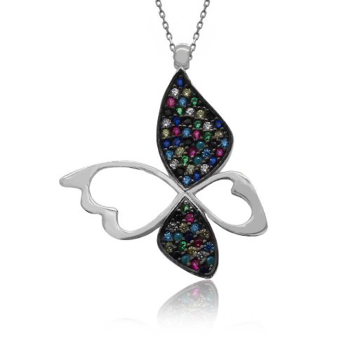 Beyaz Karışık Renkli Kelebek Gümüş Kolye