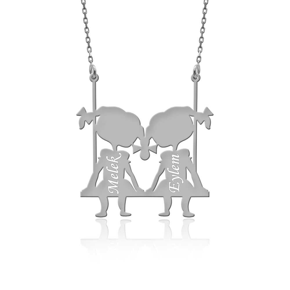 İsimli Salıncakta Kızlar Beyaz Gümüş Kolye