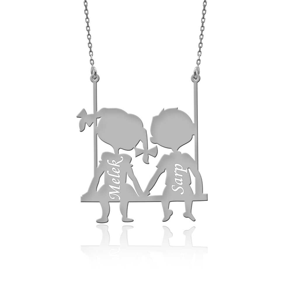 İsimli Salıncakta Çocuklar Beyaz Gümüş Kolye