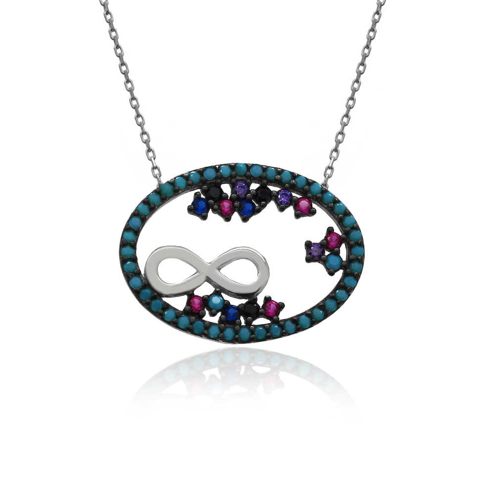 Karışık Taşlı Oval Sonsuzluk Gümüş Kolye