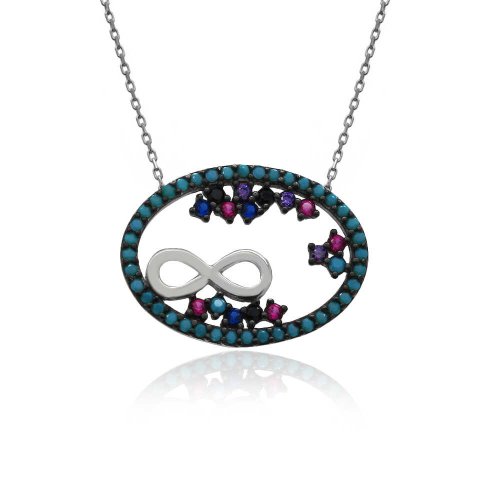 Karışık Taşlı Oval Sonsuzluk Gümüş Kolye