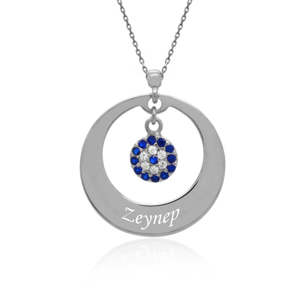 İsimli Sallanan Nazarlı Beyaz Gümüş Kolye