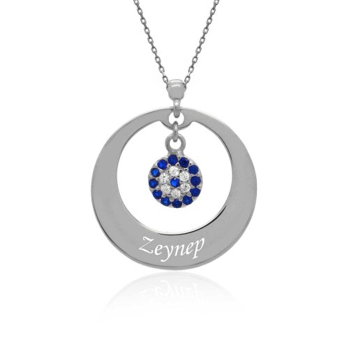 İsimli Sallanan Nazarlı Beyaz Gümüş Kolye