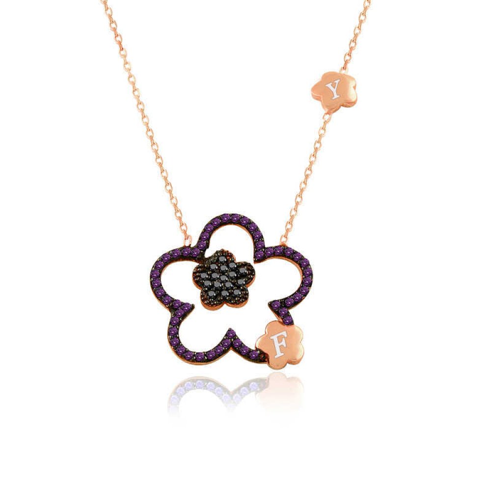 Kişiye Özel Harfli Çiçek Gümüş Kolye