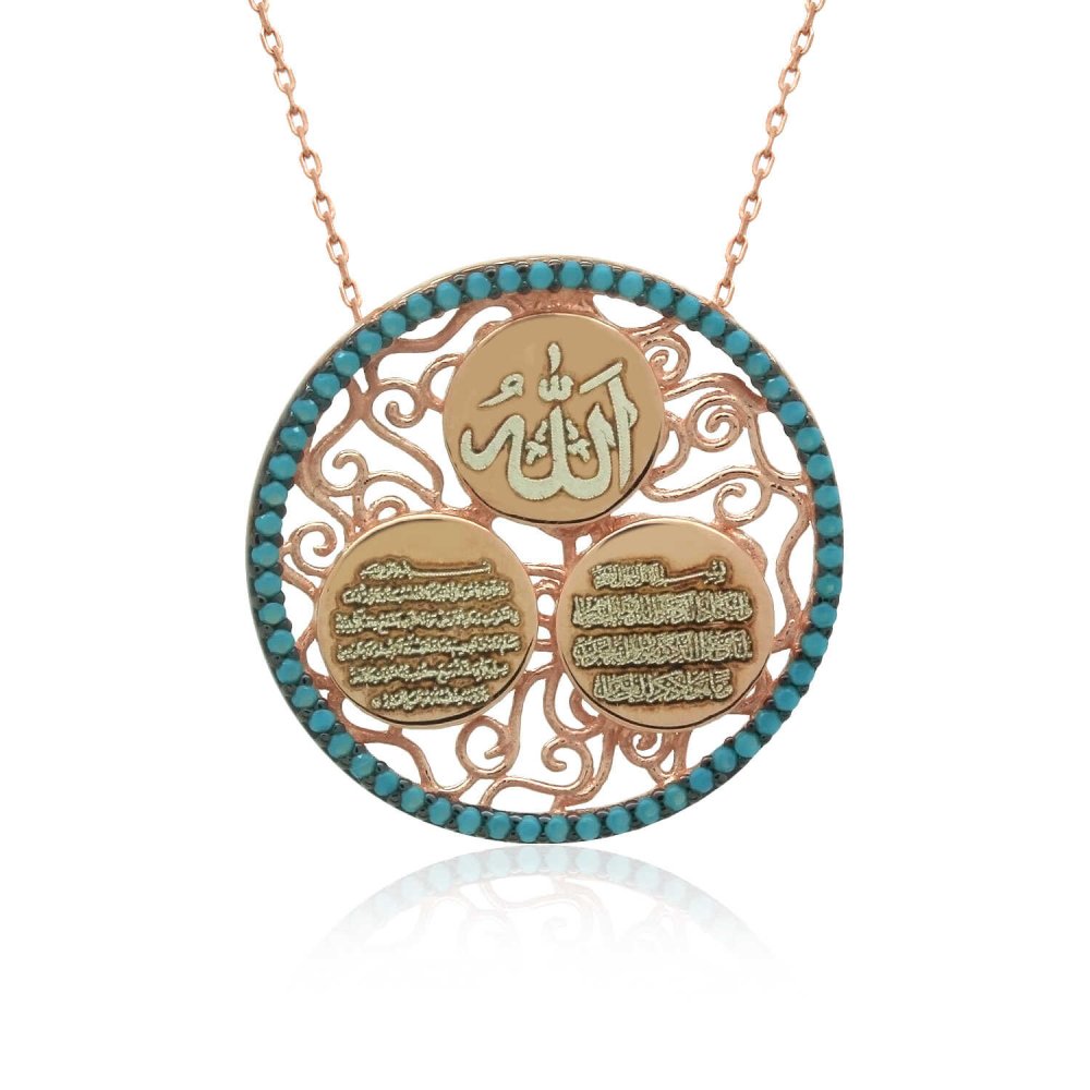 Turkuaz Taşlı Allah Yazılı Dualı Gümüş Kolye