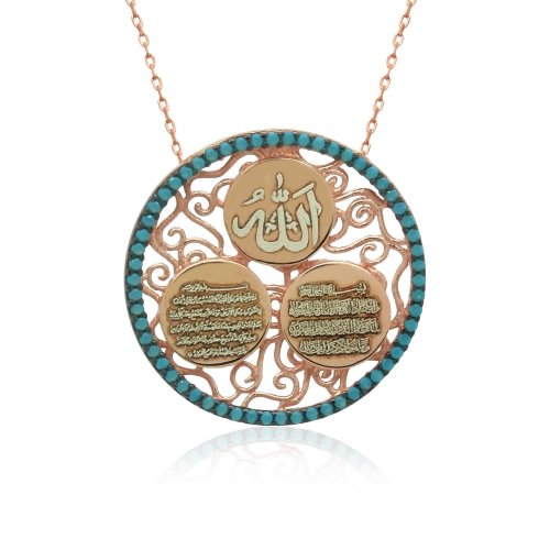 Turkuaz Taşlı Allah Yazılı Dualı Gümüş Kolye
