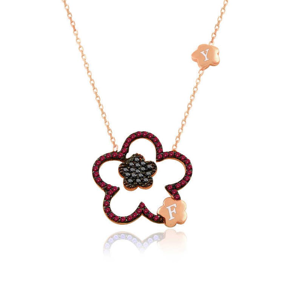 Ruby Taş Kişiye Özel Harfli Çiçek Gümüş Kolye
