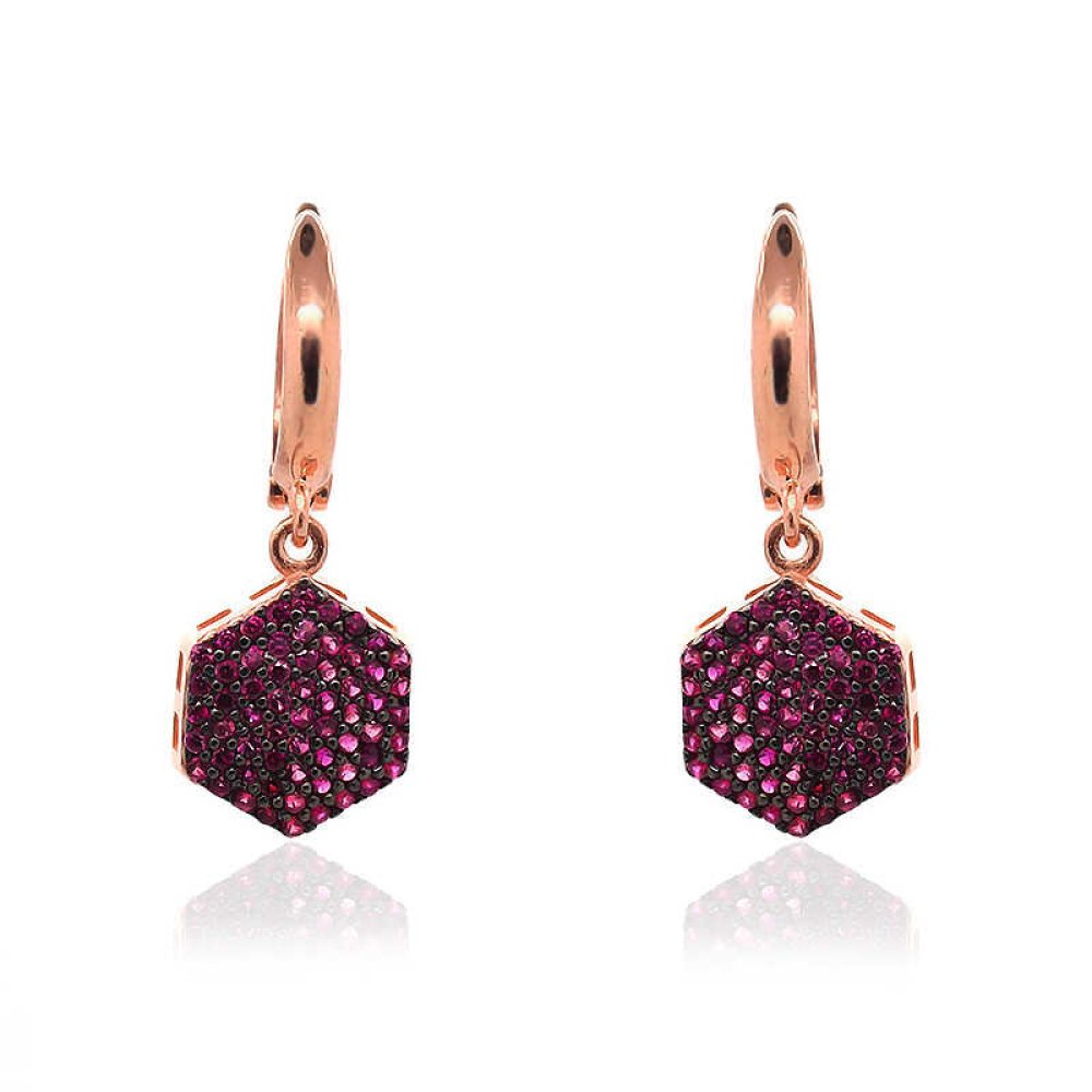 Renkli Taş Altıgen Gümüş Küpe