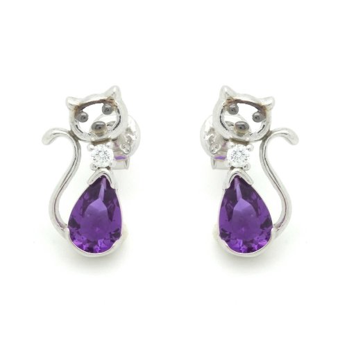 Ametist Damla Taşlı Kedi Gümüş Küpe