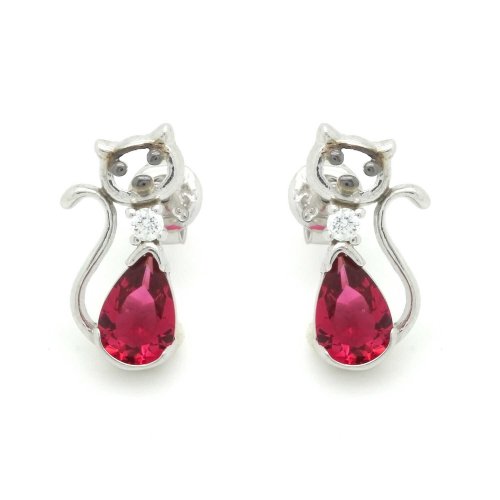 Fuşya Damla Taşlı Kedi Gümüş Küpe