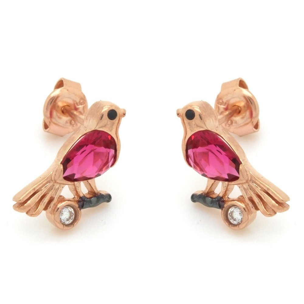 Fuşya Damla Taşlı Kuş Gümüş Küpe