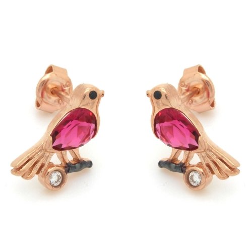 Fuşya Damla Taşlı Kuş Gümüş Küpe