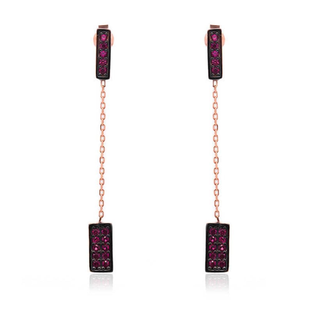 Fuşya Taşlı Sallantılı Gümüş Küpe