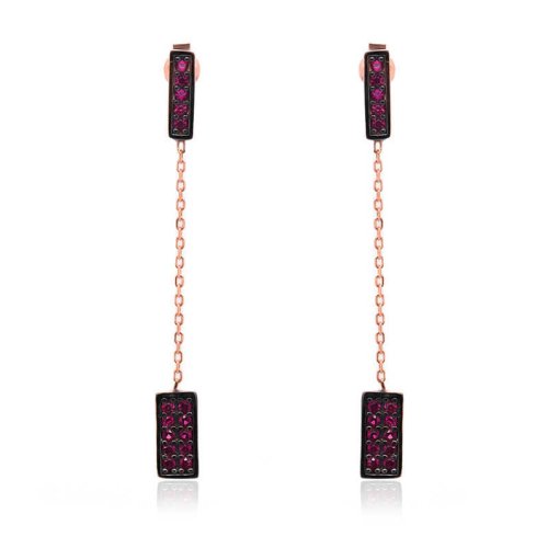 Fuşya Taşlı Sallantılı Gümüş Küpe